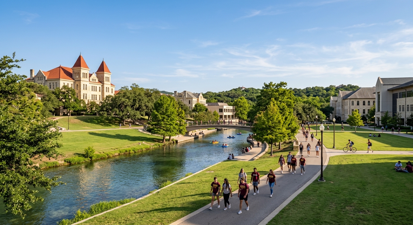 Texas State University campus in San Marcos with limestone buildings, the San Marcos River flowing through green lawns, students walking along tree-lined paths under a clear Texas sky