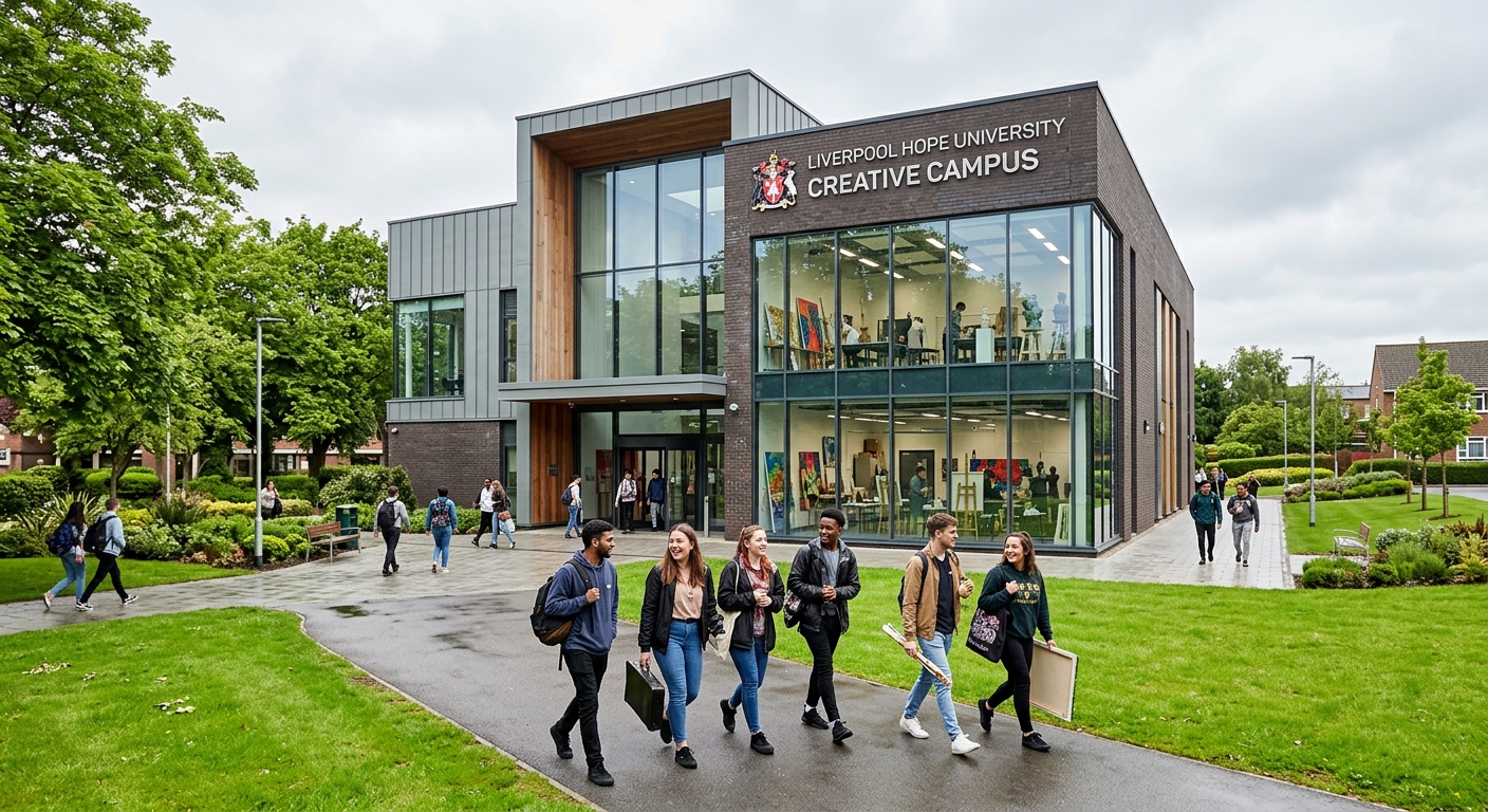 Liverpool Hope University Creative Campus building exterior with modern art studios, students walking through green campus grounds in Liverpool, England, bright overcast sky typical of the UK