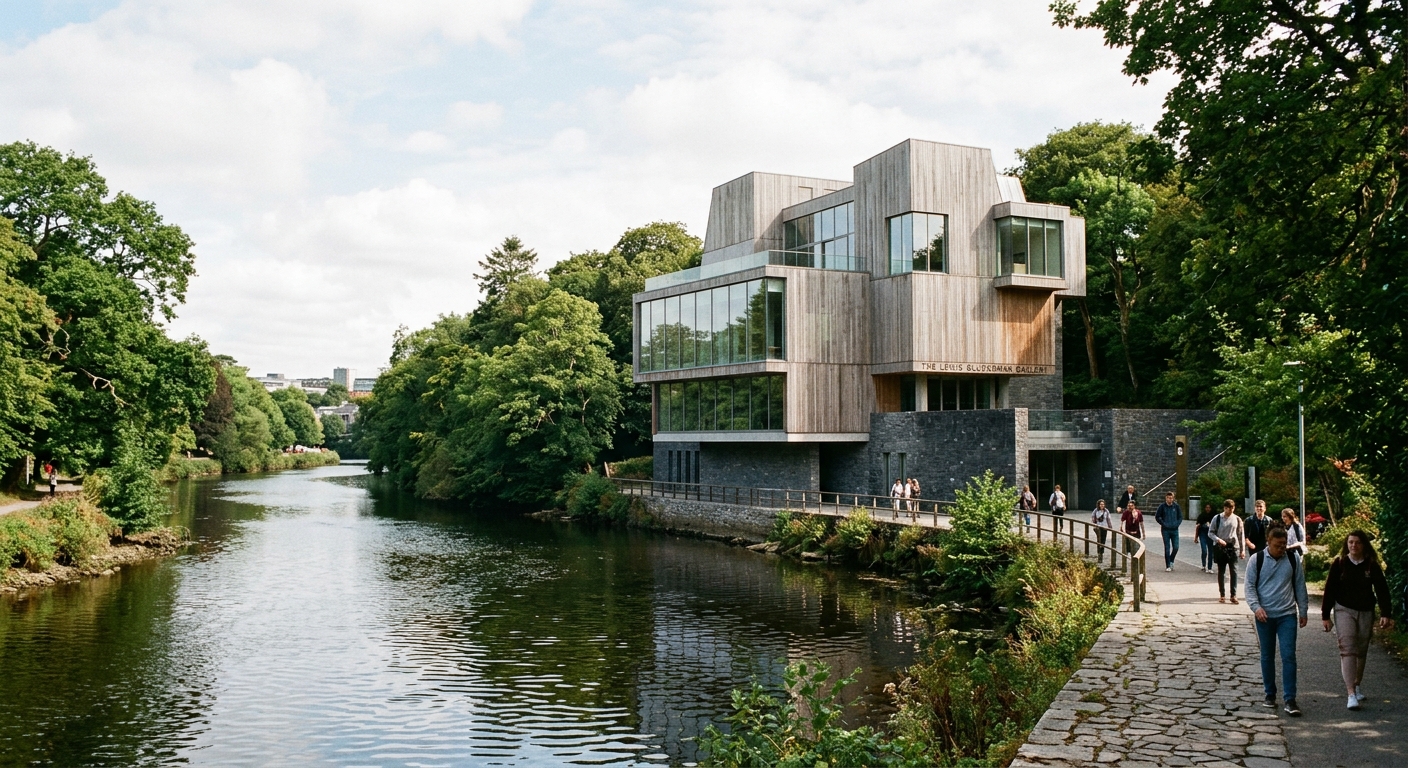 Lewis Glucksman Gallery at UCC, contemporary timber and stone architecture nestled among mature trees, riverside setting