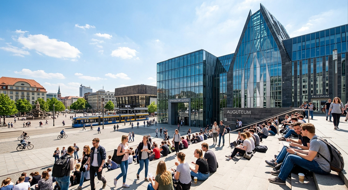 University of Leipzig Augusteum and Paulinum modern buildings on Augustusplatz, glass and stone facade, students on steps, sunny day in Leipzig city center