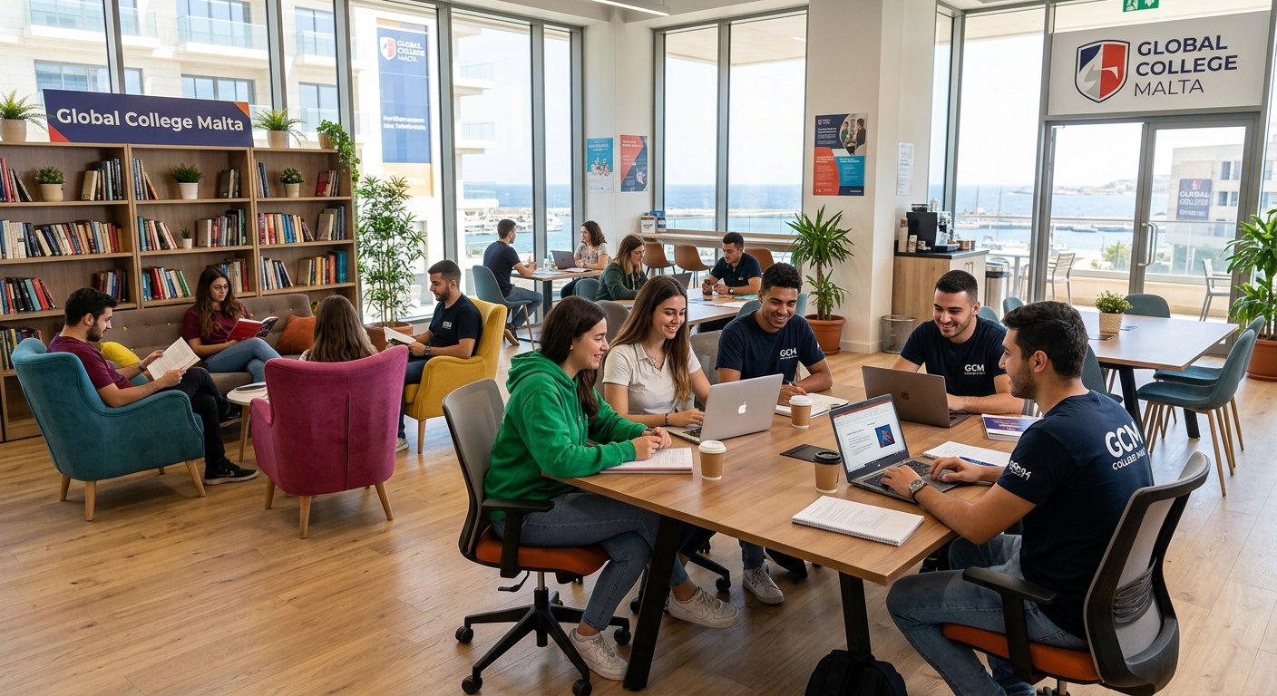 Student lounge area at Global College Malta with comfortable seating, study tables, bookshelves, and students collaborating in a bright open space
