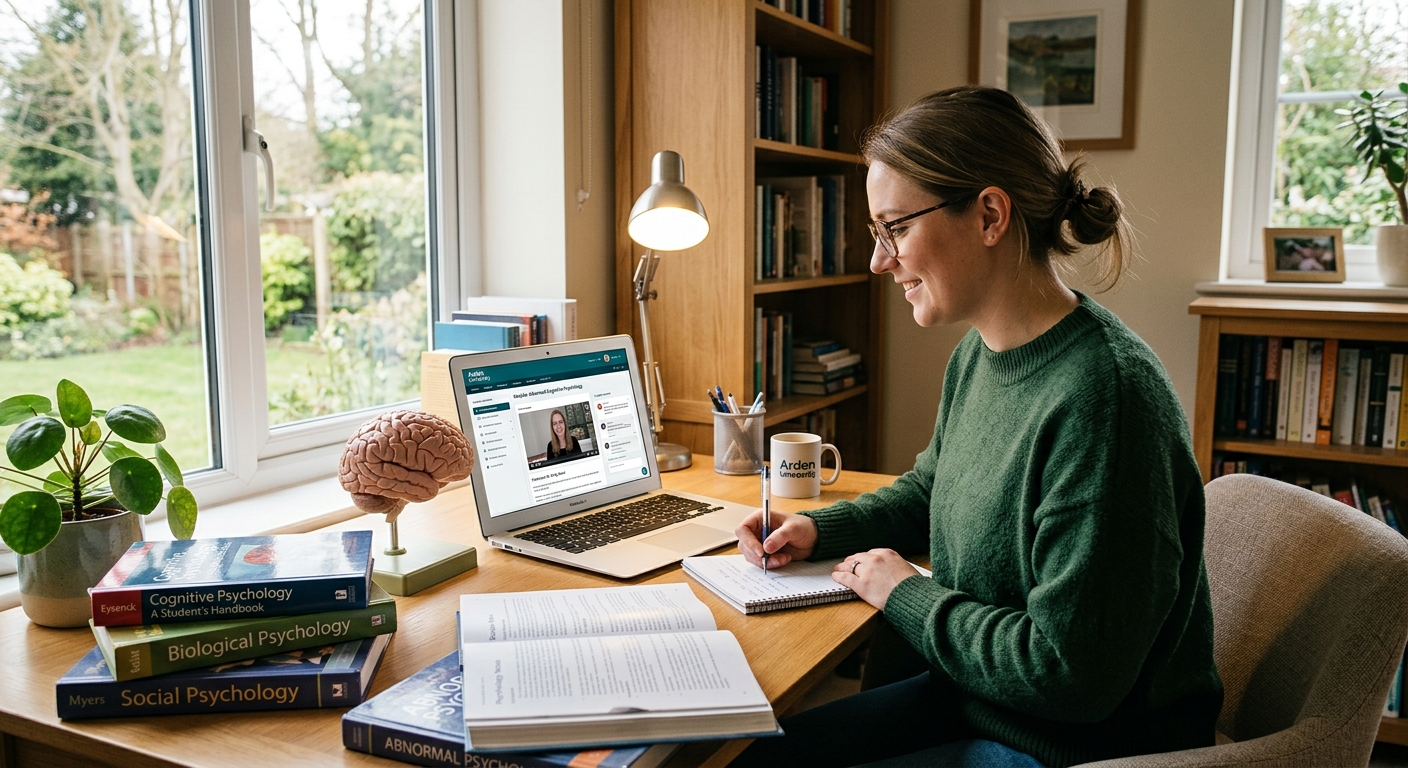 Modern online learning environment with a student studying psychology on a laptop, surrounded by psychology textbooks and brain model, warm home office setting with natural light, Arden University branding visible on screen