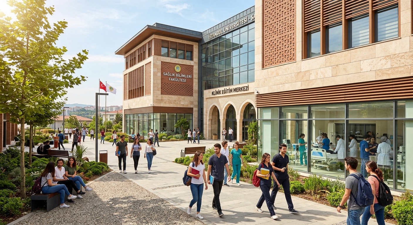 Modern university campus building in Istanbul with health sciences faculty, students walking through a sunlit courtyard, clinical training facilities visible in the background, Turkish architectural elements blending with contemporary design