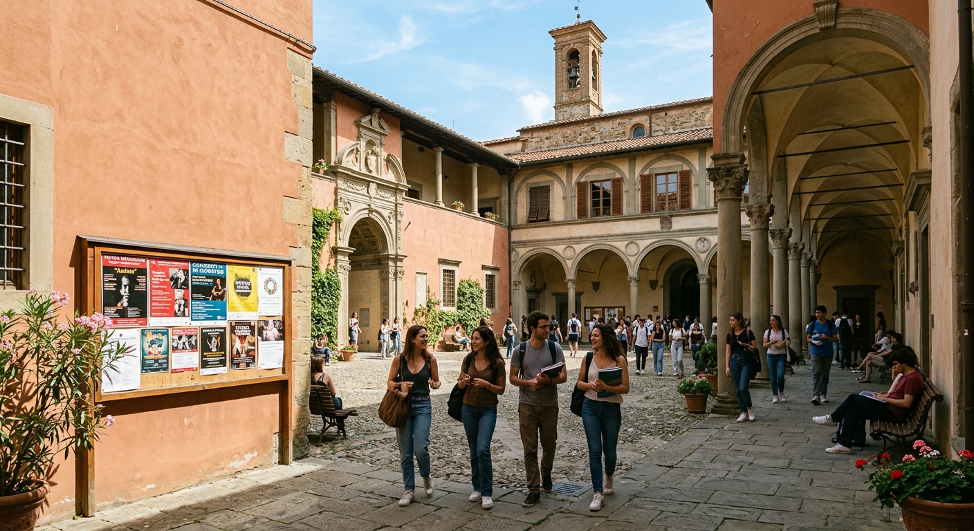 Historic Italian university campus in Prato, Tuscany, with Renaissance architecture, students walking through a sunlit courtyard surrounded by terracotta buildings, theatrical posters on notice boards, cultural arts atmosphere