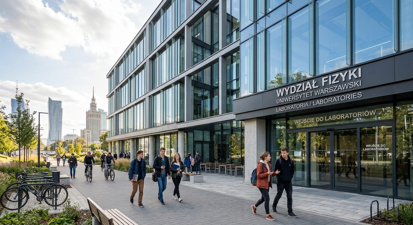 Modern Faculty of Physics building at University of Warsaw Ochota campus, students walking near laboratory entrance, contemporary architecture with glass facades, Warsaw cityscape in background