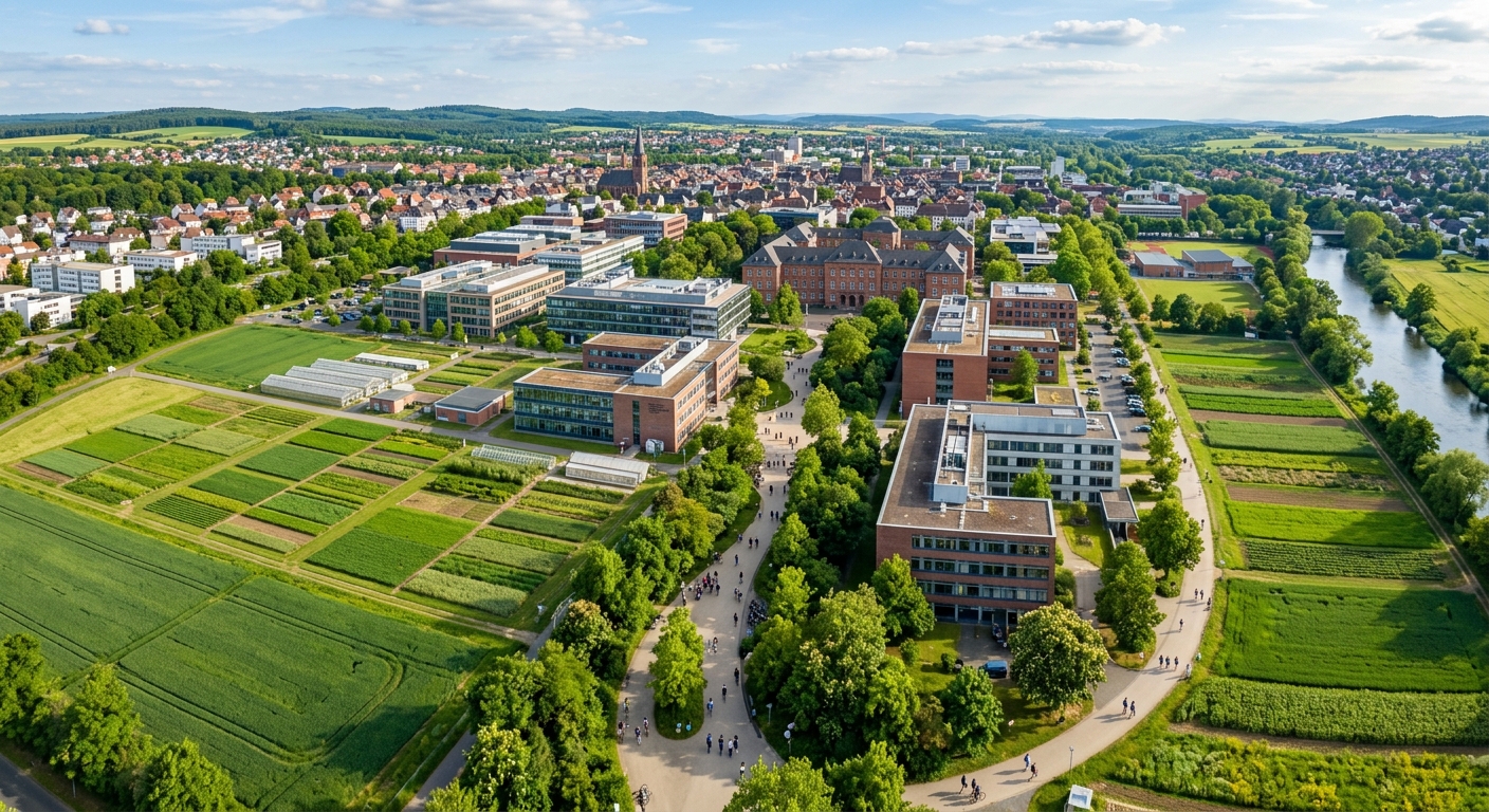 Aerial view of Justus Liebig University Giessen campus with green agricultural research fields, modern faculty buildings, and students walking along tree-lined pathways in Giessen, Hesse, Germany