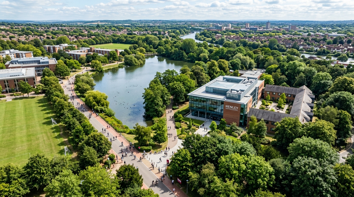 Aerial view of University of Reading Whiteknights campus with modern business school buildings, green parkland, and students walking along tree-lined pathways in Reading, United Kingdom