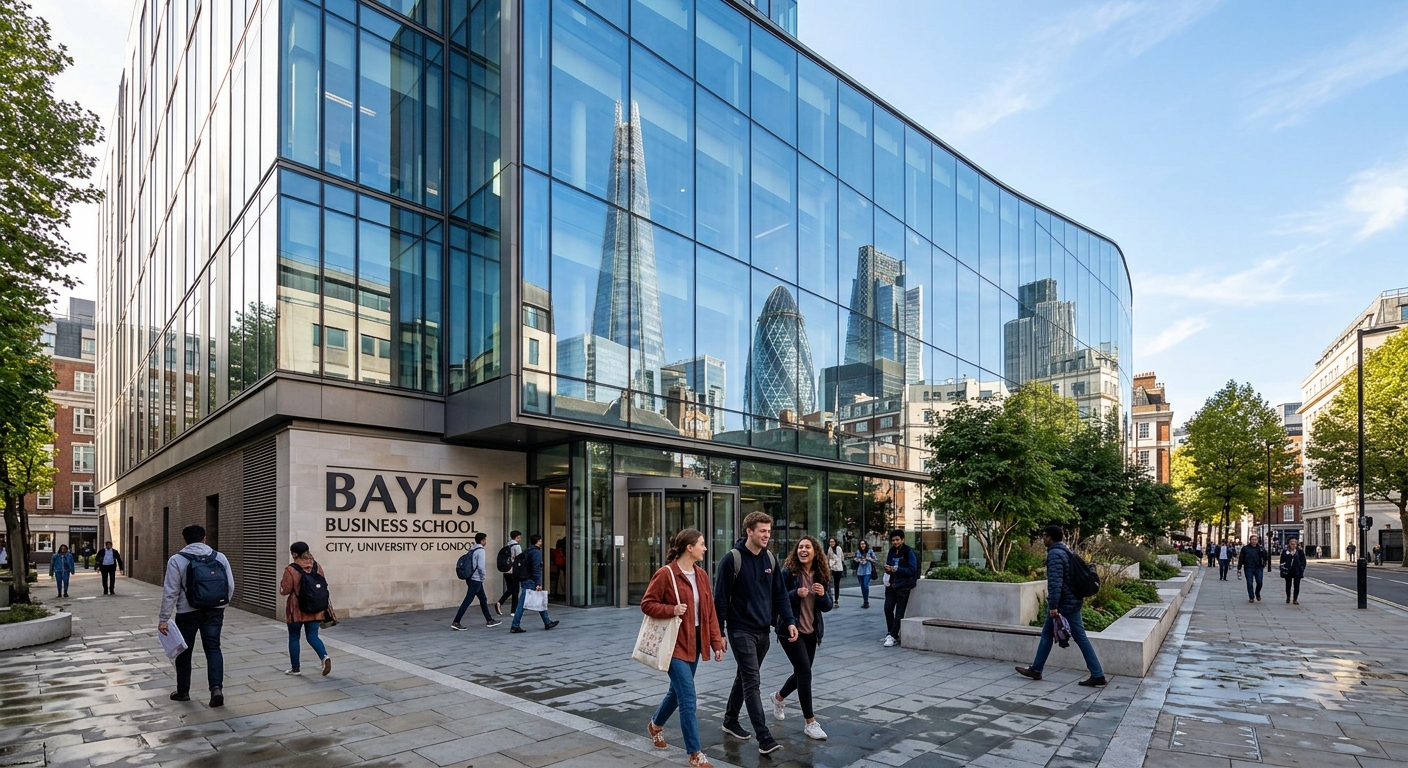 Modern Bayes Business School building at City St George's University of London, glass facade reflecting the City of London financial district skyline, students walking near the entrance on a sunny day