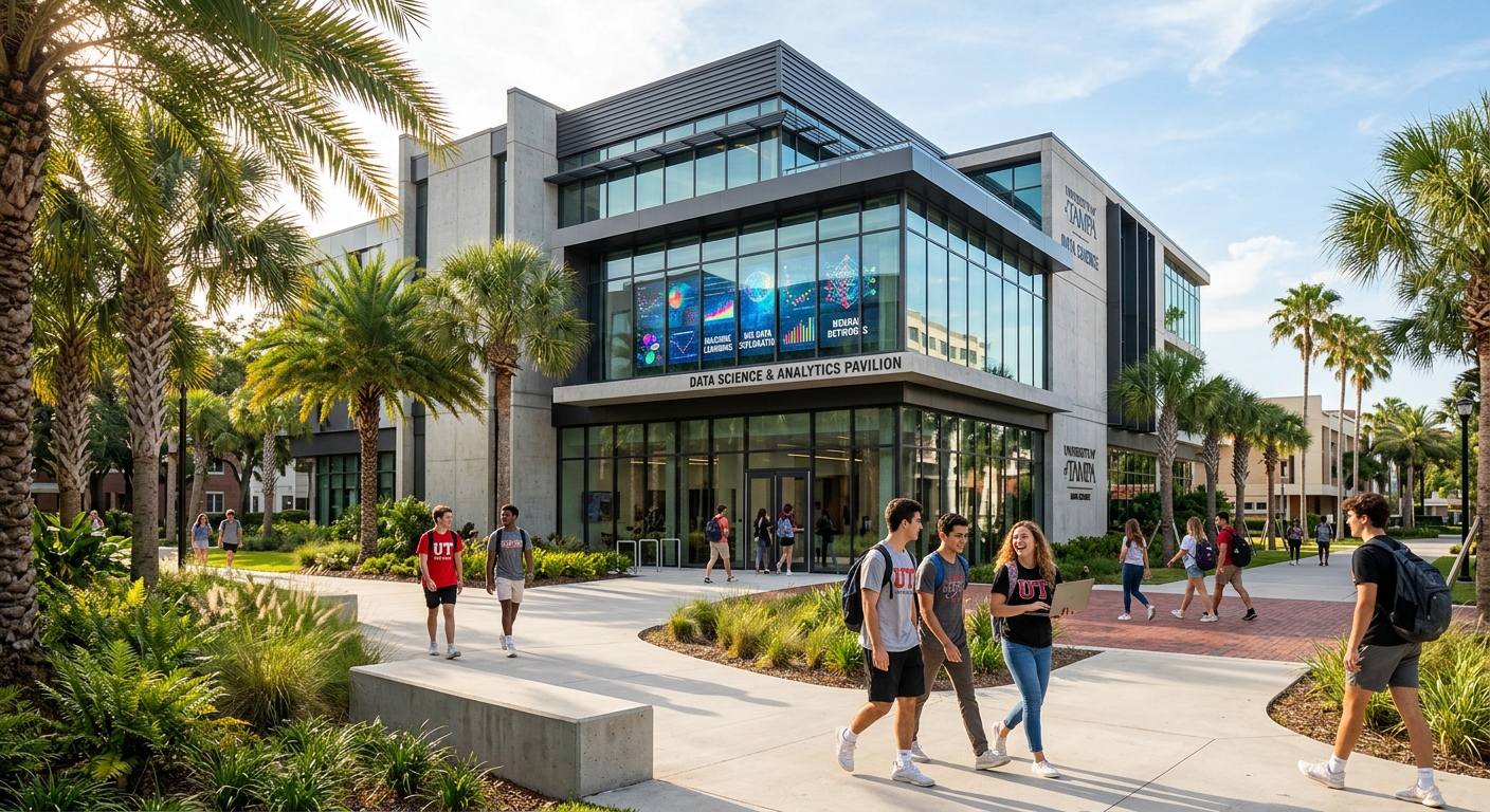 Modern university campus building in Tampa Florida with palm trees, students walking on pathways, warm sunlight, contemporary glass and concrete architecture, data science visualizations on digital displays visible through windows