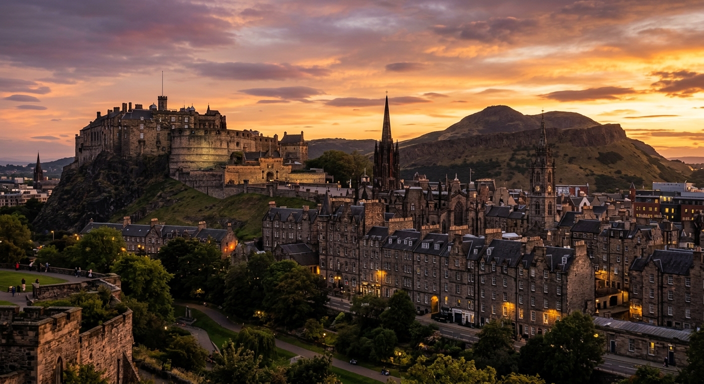 Edinburgh city skyline at sunset, Edinburgh Castle on rocky hill, historic Old Town architecture, Arthur's Seat in background, golden hour lighting