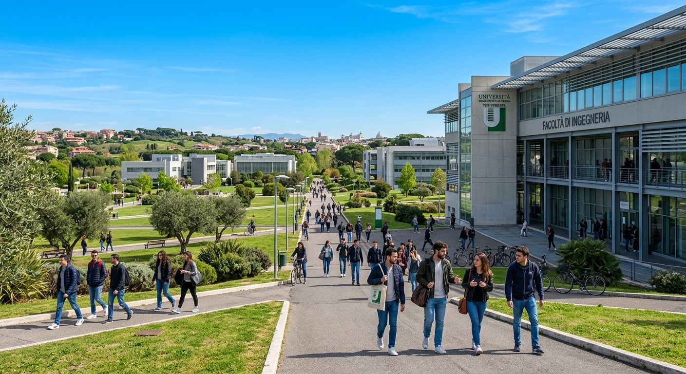 Modern engineering campus of University of Rome Tor Vergata, contemporary buildings surrounded by green parkland in the southeastern suburbs of Rome, students walking between faculty buildings under Mediterranean blue sky