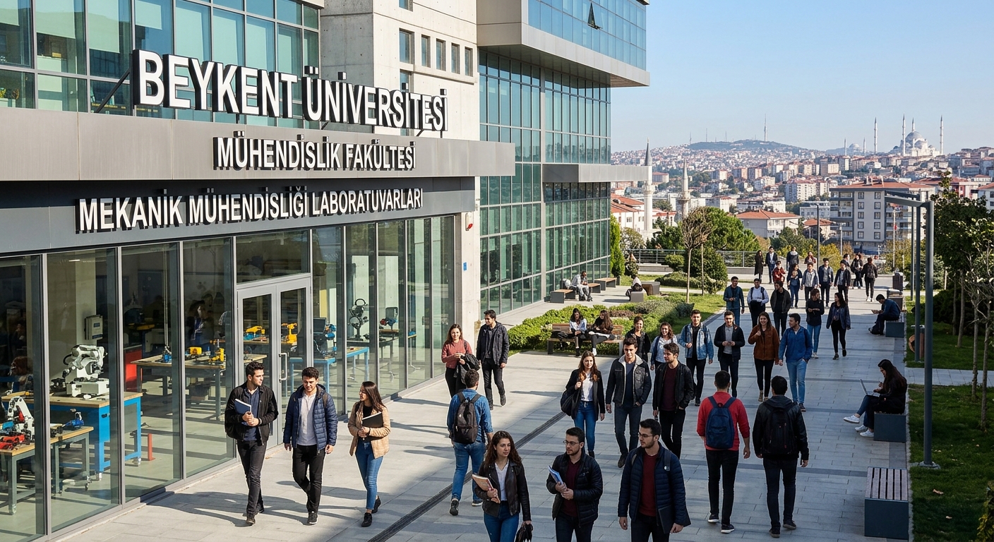 Modern engineering campus building at Beykent University Istanbul, students walking near mechanical engineering laboratories, cityscape of Istanbul in the background, bright daylight with clear sky