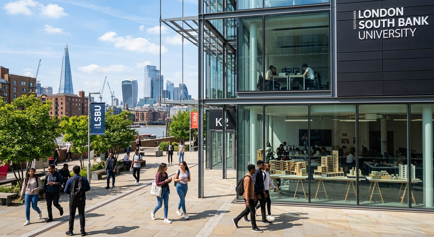 Modern university campus building at London South Bank University with urban London skyline in the background, students walking through courtyard, architectural models visible through glass windows, sunny day in Southwark
