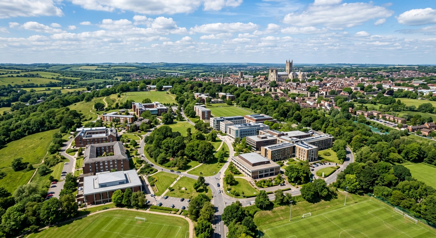 University of Kent Canterbury campus wide-angle aerial view, 300-acre parkland with modern academic buildings, Canterbury Cathedral visible in the background, green rolling hills, bright daylight