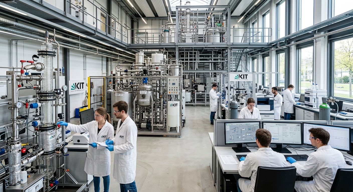 Modern chemical engineering laboratory at Karlsruhe Institute of Technology with students working on process equipment, pilot plant reactors and control systems visible, bright industrial-academic setting in Karlsruhe Germany