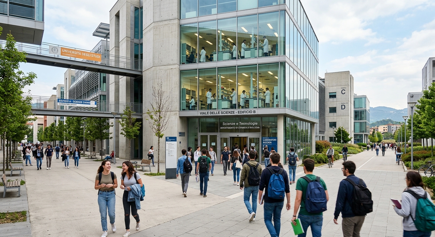 Viale delle Scienze modern university campus, contemporary concrete and glass buildings, wide walkways, students with backpacks, scientific laboratories visible through windows