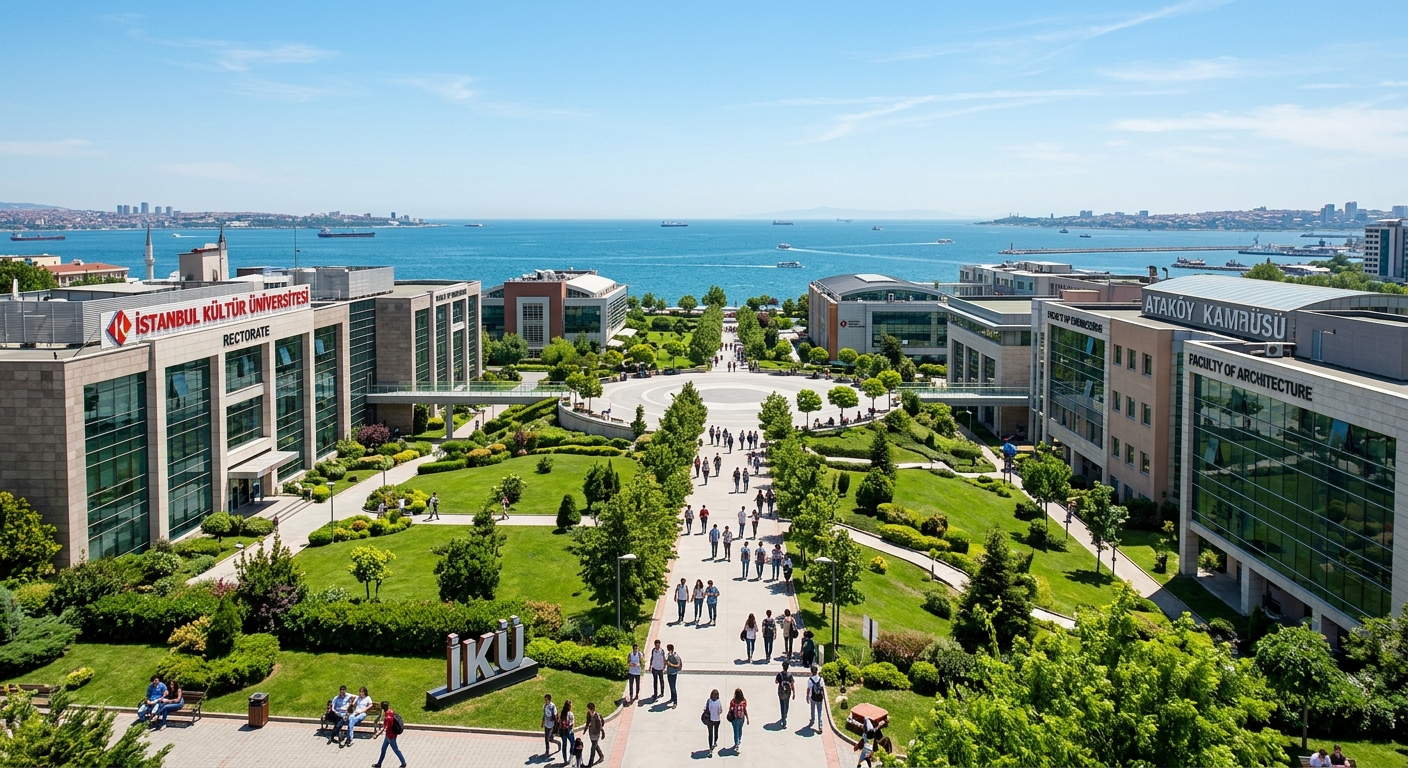 Istanbul Kültür University Ataköy campus wide-angle view with modern academic buildings, green landscaped courtyards, Sea of Marmara coastline visible in background, clear blue sky, students walking along tree-lined pathways