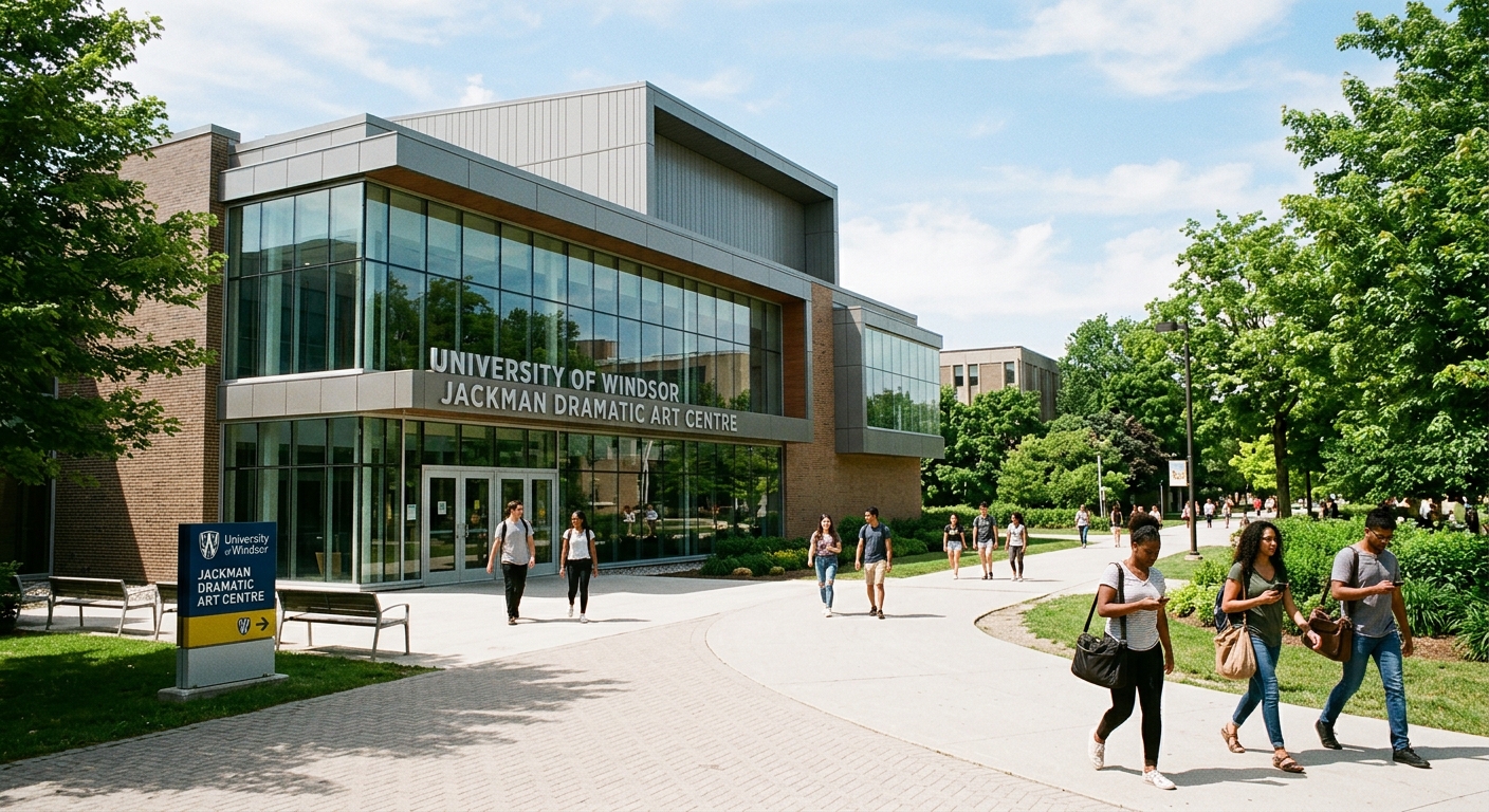 University of Windsor Jackman Dramatic Art Centre exterior with students walking on campus, modern theatre building with large windows, green trees and pathways in Windsor Ontario Canada