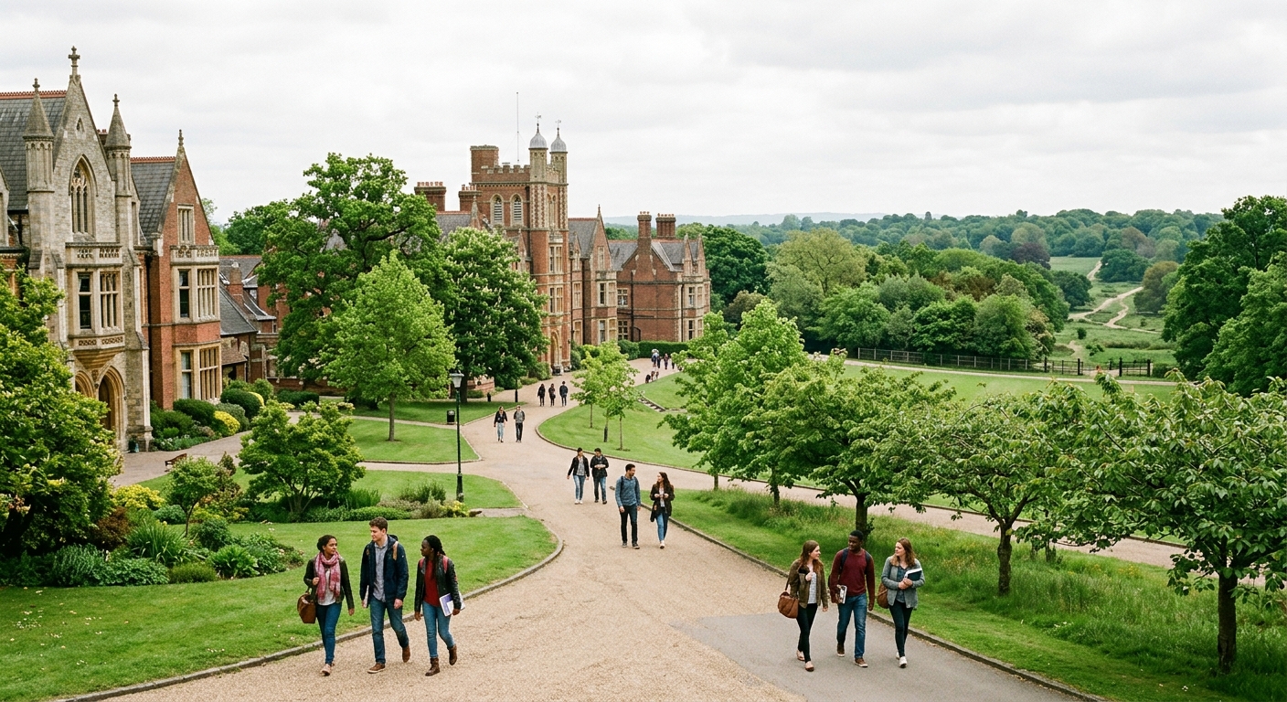 University of Roehampton green parkland campus in southwest London with historic college buildings surrounded by mature trees, students walking along pathways near Richmond Park, bright overcast English sky