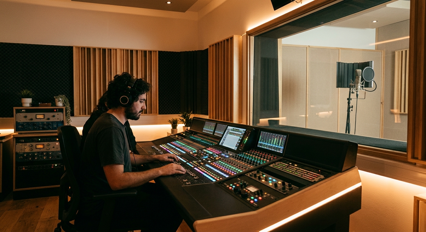 BIMM Birmingham professional recording studio interior, mixing console with LED lights, acoustic panels on walls, microphone in vocal booth, warm studio lighting