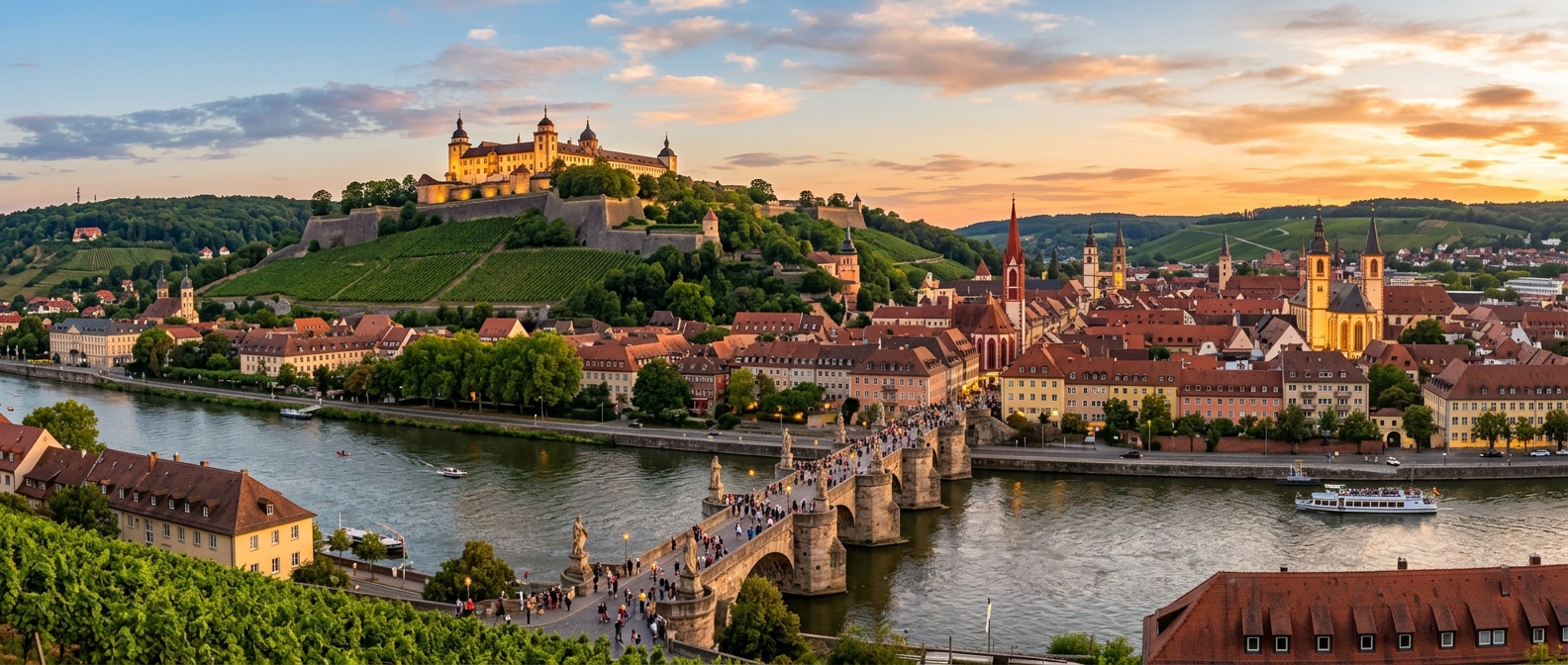 Panoramic cityscape of Würzburg, Germany, showing the Old Main Bridge with baroque saint statues, the Marienberg Fortress on the hilltop, the Main River flowing through the city, vineyards on surrounding hillsides, and historic church spires under golden sunset light