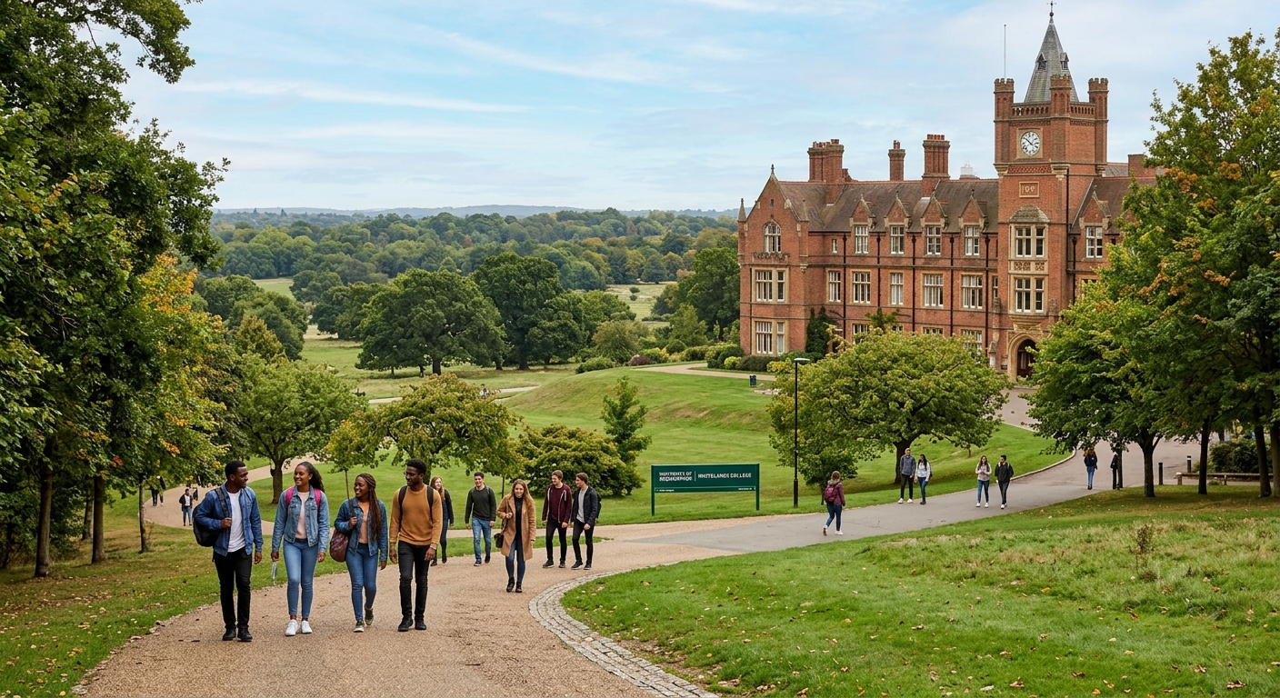 University of Roehampton campus with historic Whitelands College building overlooking Richmond Park, green parkland setting in southwest London with students walking along tree-lined paths