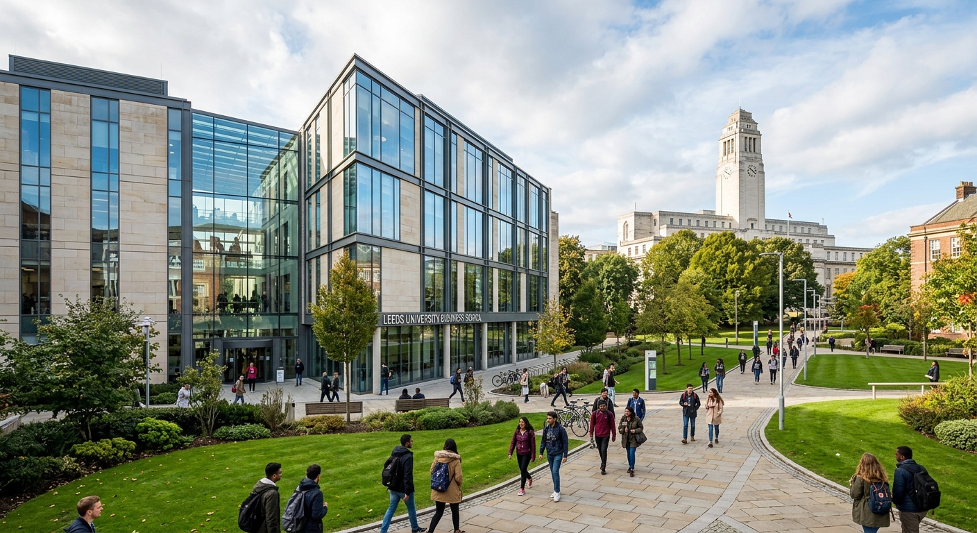 Modern Leeds University Business School building exterior with glass facade, students walking on campus pathways, green landscaped grounds, University of Leeds campus in the background with historic Parkinson Building tower visible