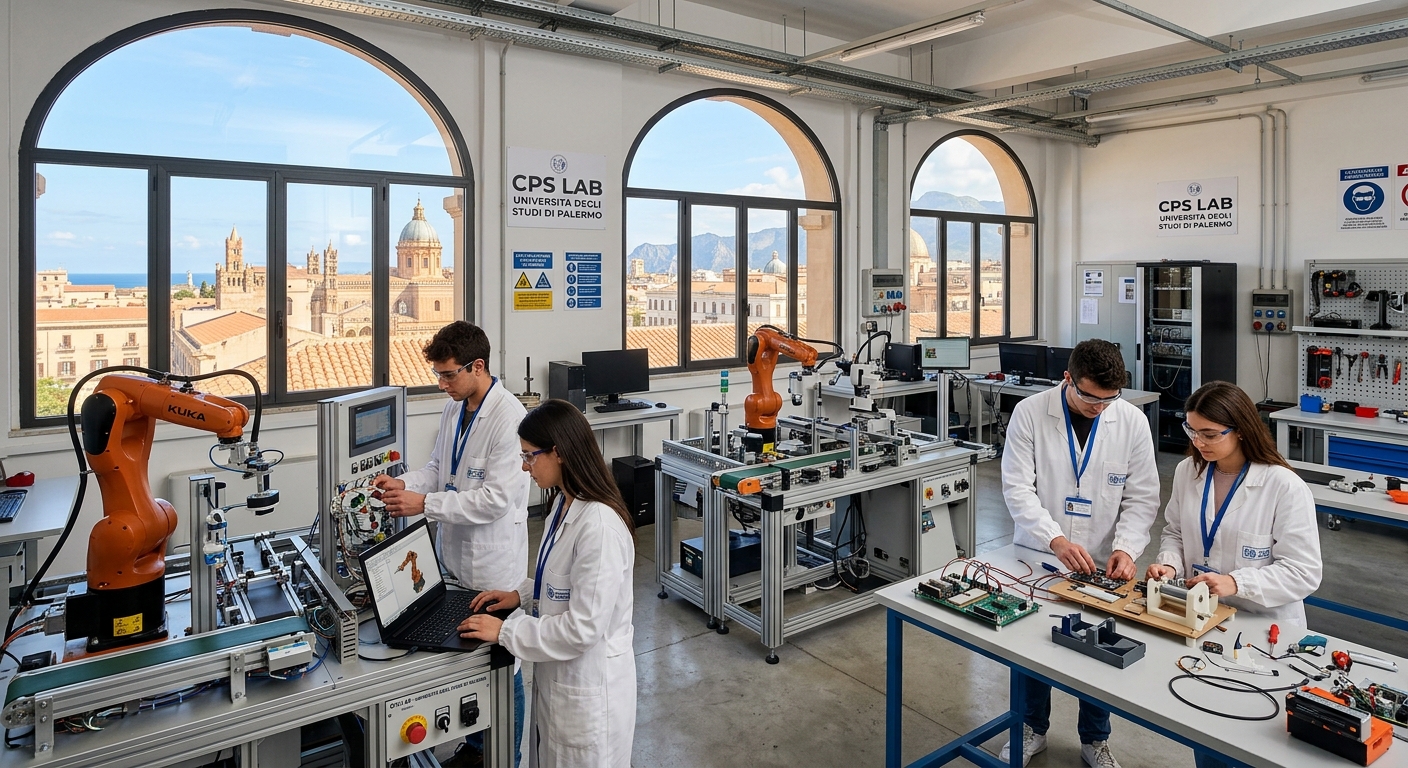 Modern engineering laboratory at University of Palermo with robotic arms, industrial automation equipment, and students working on cyber-physical system prototypes, Mediterranean architecture visible through large windows