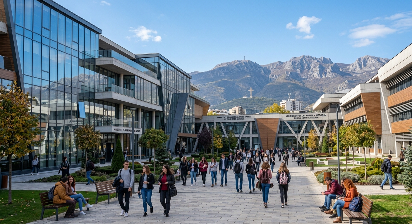 Modern university campus building in Skopje, North Macedonia, with students walking across a courtyard, Balkan mountain landscape in the background, clear sky, contemporary architecture with glass facades