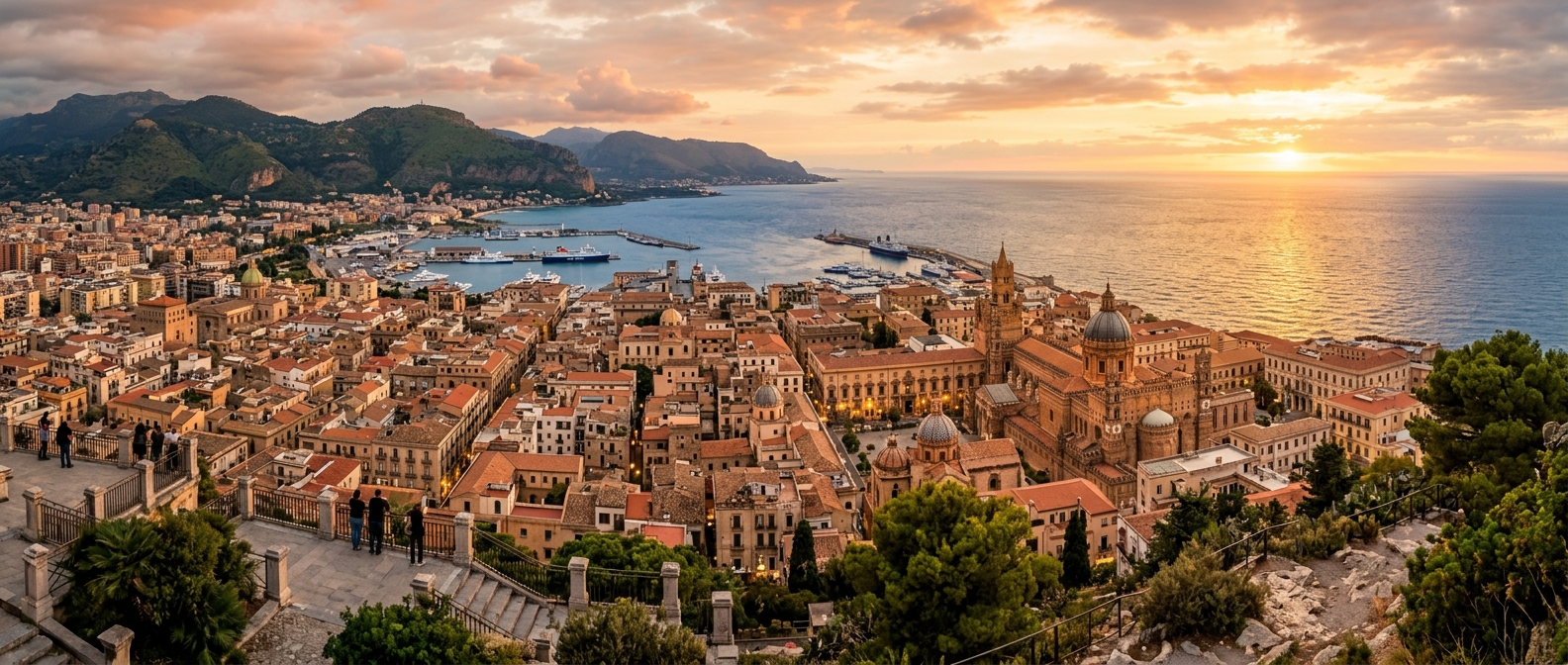 Panoramic view of Palermo cityscape from Monte Pellegrino, terracotta rooftops, cathedral domes, Mediterranean Sea coastline, lush green mountains, golden sunset light