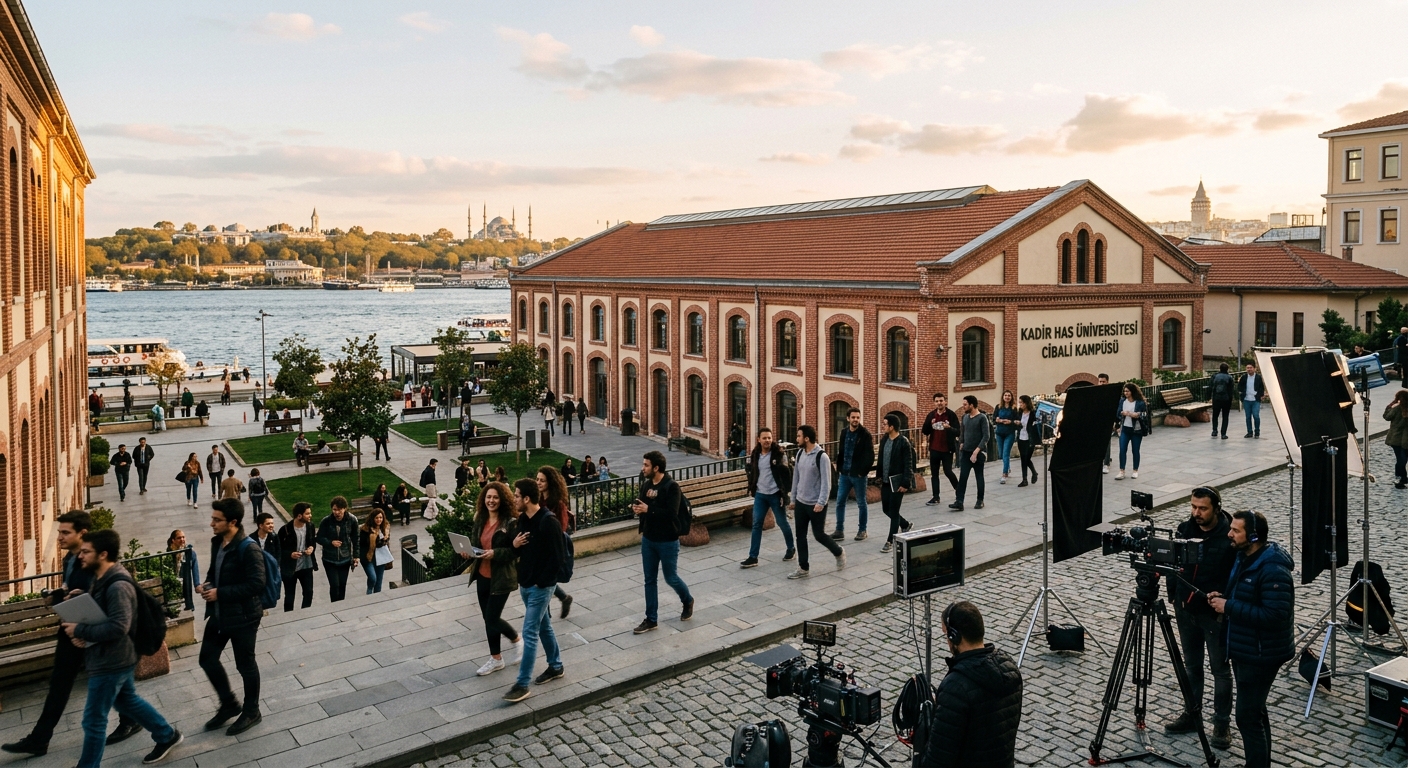 Historic Kadir Has University campus in Cibali Istanbul with restored Ottoman tobacco factory building, students walking through courtyard, film production equipment visible, golden hour lighting on the Bosphorus skyline