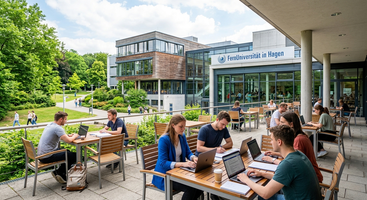 FernUniversität in Hagen modern campus building with green surroundings in Hagen, North Rhine-Westphalia, Germany, students studying with laptops in a bright distance-learning environment