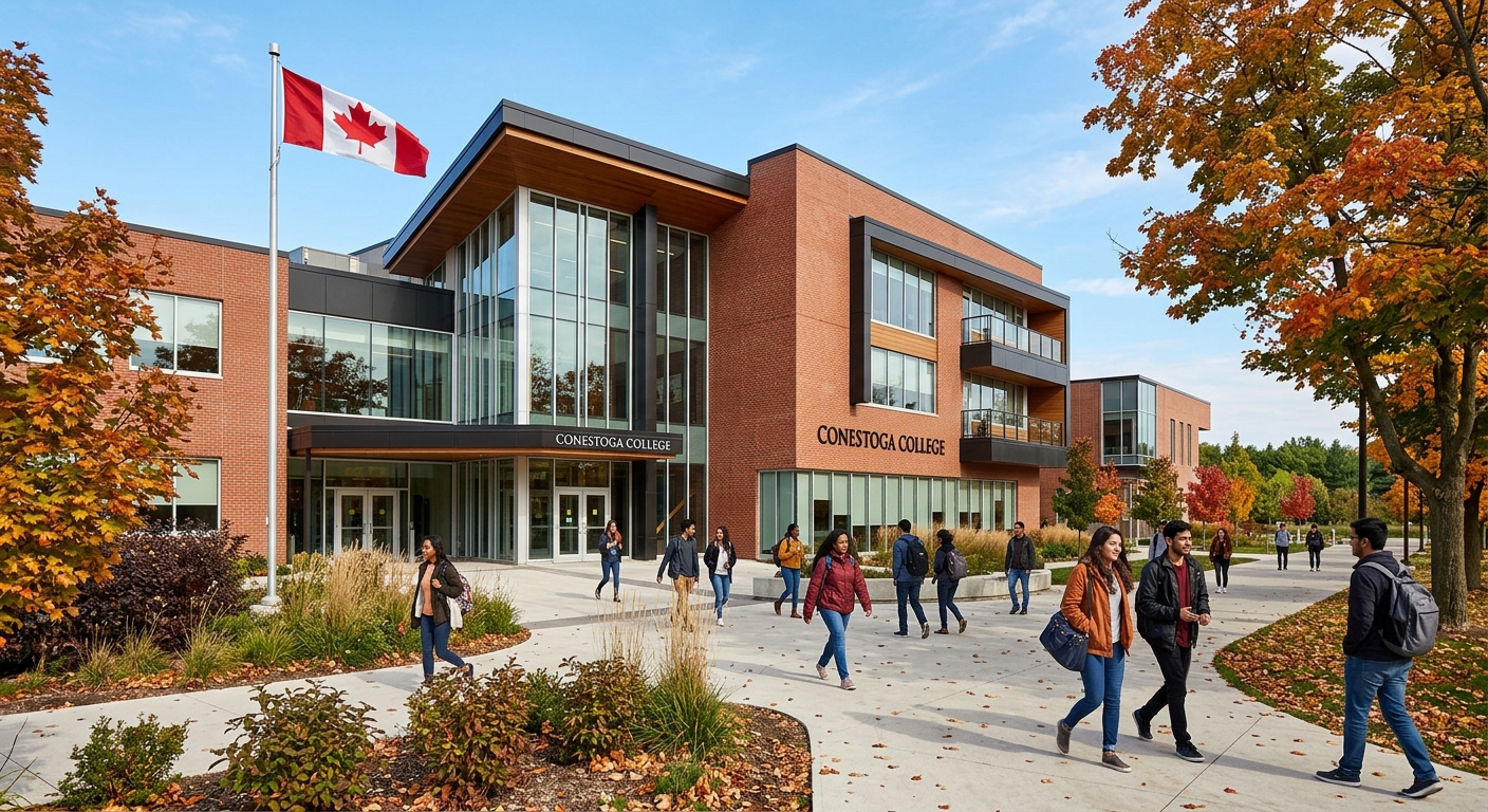 Modern Conestoga College campus building in Kitchener Ontario with students walking along tree-lined pathways, contemporary glass and brick architecture, Canadian flag visible, bright autumn day
