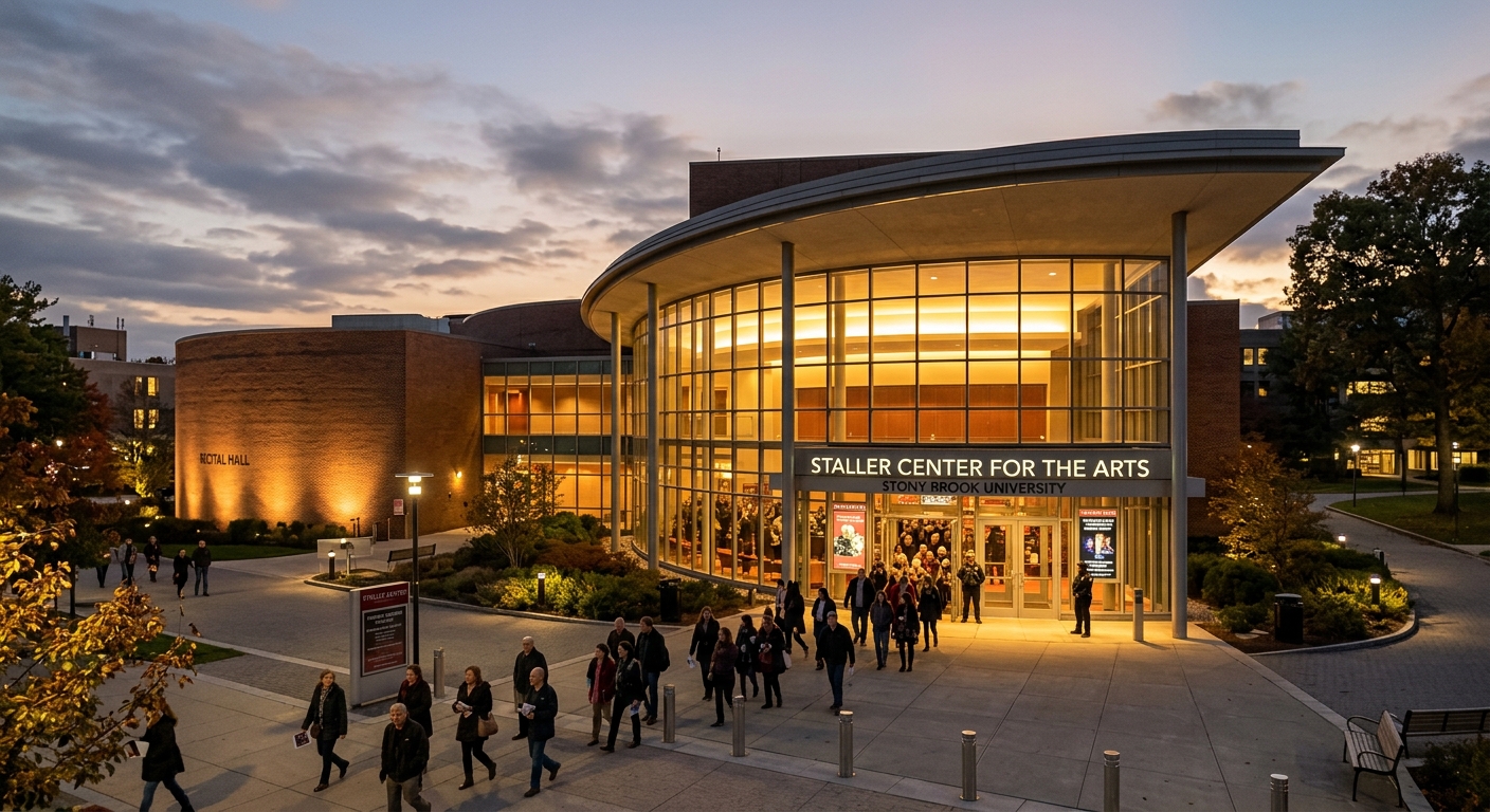 Staller Center for the Arts at Stony Brook University, distinctive modern architecture with curved design, evening lighting, performance venue entrance
