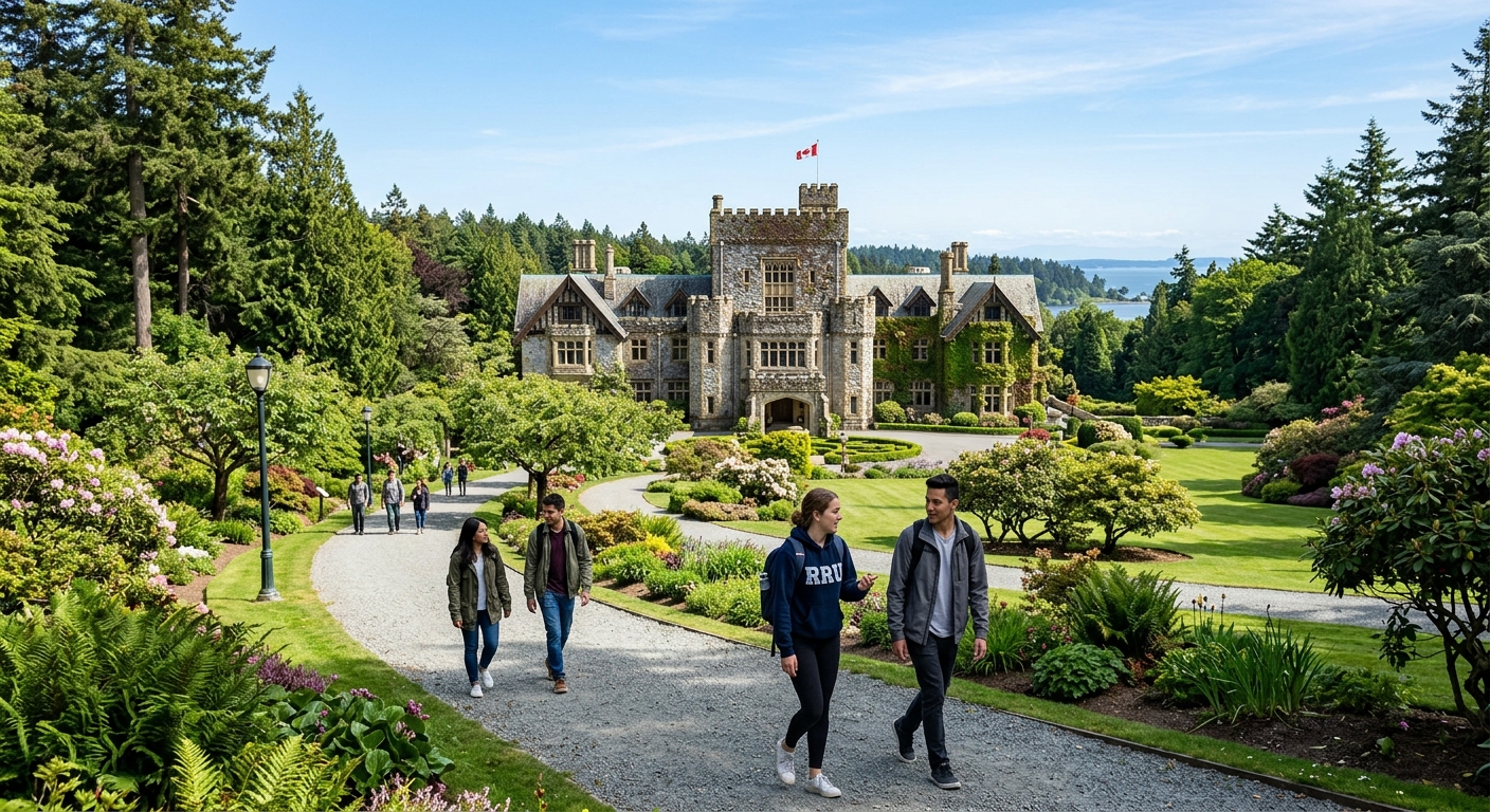 Royal Roads University historic Hatley Castle campus surrounded by lush green forests and gardens on Vancouver Island, British Columbia, with students walking along tree-lined pathways under clear blue sky
