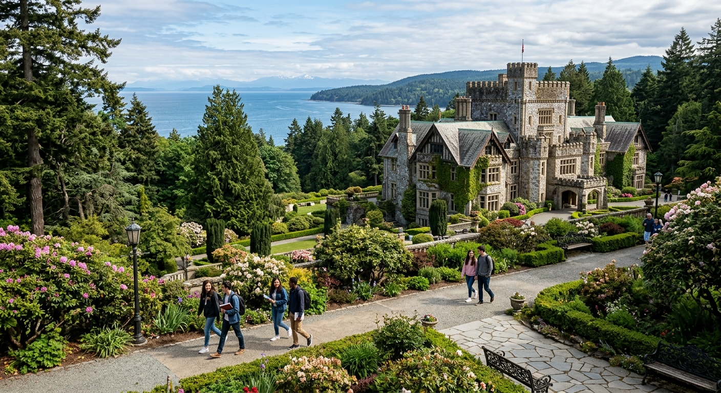 Royal Roads University historic Hatley Castle campus surrounded by lush Pacific Northwest forest, students walking along garden pathways with ocean views in Colwood, British Columbia, Canada