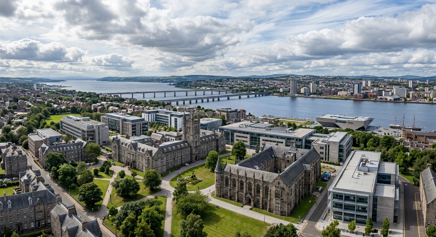 University of Dundee campus aerial view showing historic stone buildings alongside modern facilities, the River Tay visible in the background, Scottish cityscape under partly cloudy sky