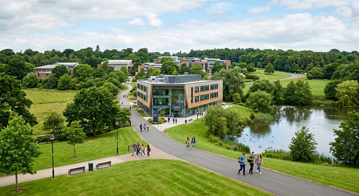 Modern Keele University campus in Staffordshire with green parkland, contemporary computing building, students walking between lecture halls, lush 600-acre campus surrounded by trees and lakes