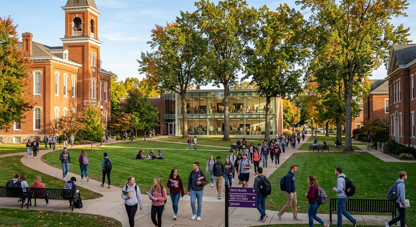McKendree University campus in Lebanon Illinois with historic brick buildings surrounded by mature trees, art studio building with large windows allowing natural light, green quad area with students walking between classes