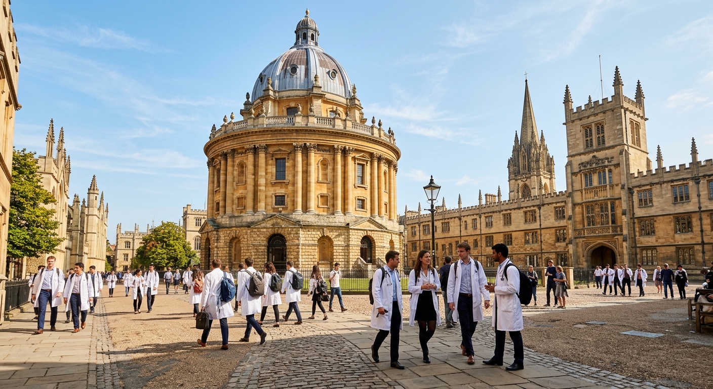 Historic University of Oxford Radcliffe Camera building with golden stone facade, medical students walking through the quad in white coats, Bodleian Library in the background, sunny day in Oxford, England