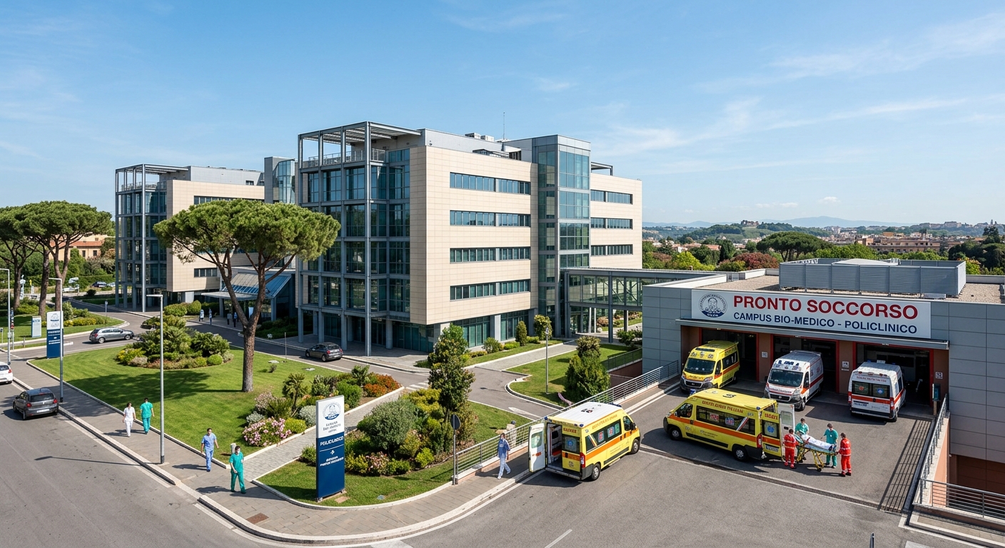 Campus Bio-Medico University Hospital exterior, modern healthcare facility with emergency entrance, ambulances, landscaped grounds, clear sky in Rome