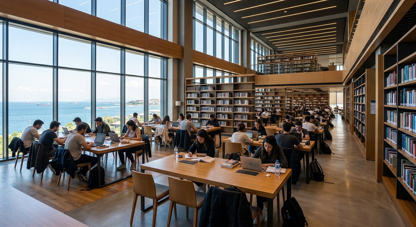 Piri Reis University campus library interior with modern bookshelves, study areas, large windows overlooking the sea, students studying at tables