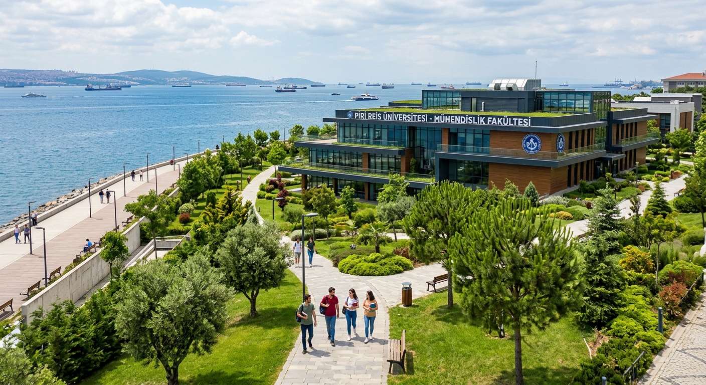 Modern green campus of Piri Reis University in Tuzla Istanbul with seaside views, engineering faculty building, students walking among environmentally friendly architecture, Marmara Sea in the background