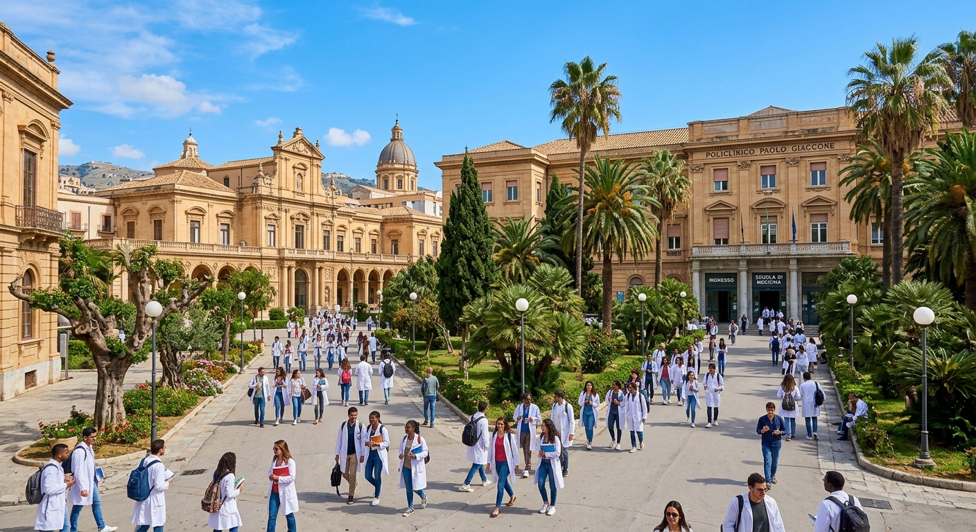 University of Palermo School of Medicine and Surgery campus with historic Sicilian architecture, students walking near the Policlinico Paolo Giaccone university hospital, Mediterranean blue sky and palm trees in the background