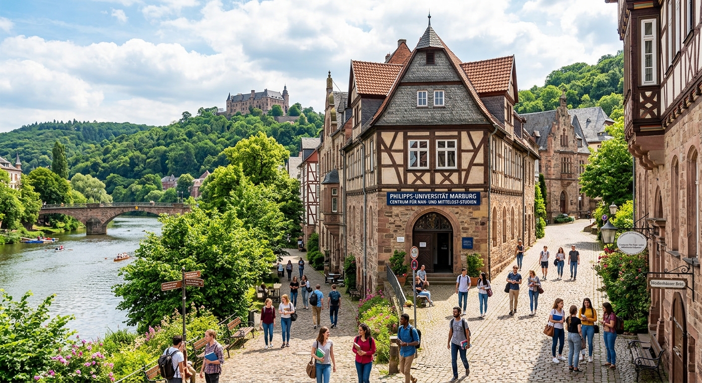 Historic Philipps-Universität Marburg campus with medieval architecture along the Lahn river, lush green hills in the background, students walking through cobblestone pathways near the Center for Near and Middle Eastern Studies