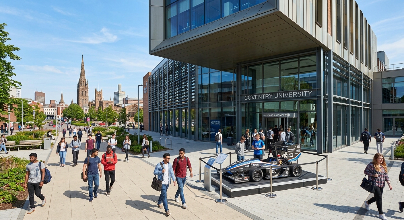 Coventry University engineering building exterior with modern glass facade, students walking through campus, race car displayed near the entrance, clear blue sky over Coventry city centre