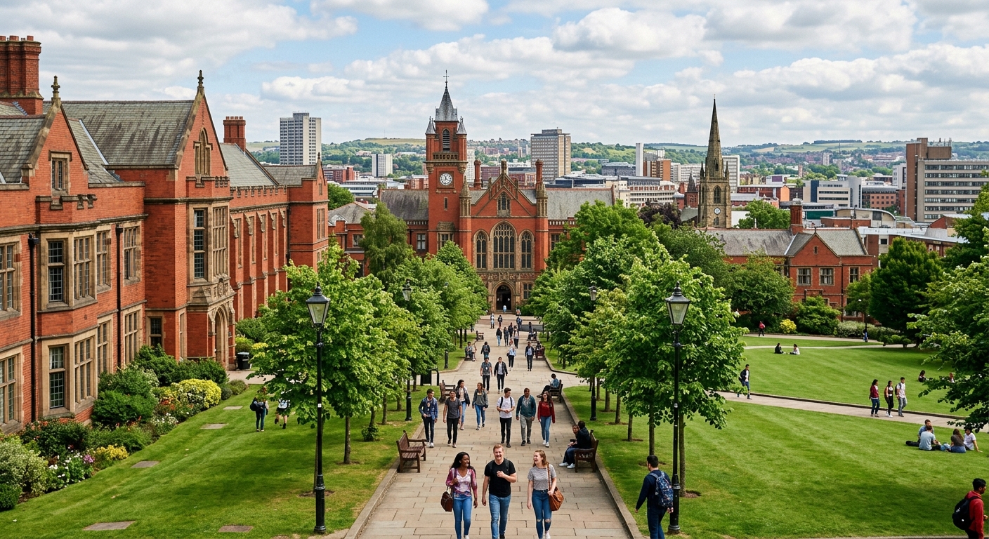 University of Sheffield campus with historic redbrick buildings and green lawns, students walking along tree-lined paths, South Yorkshire cityscape in the background under partly cloudy skies