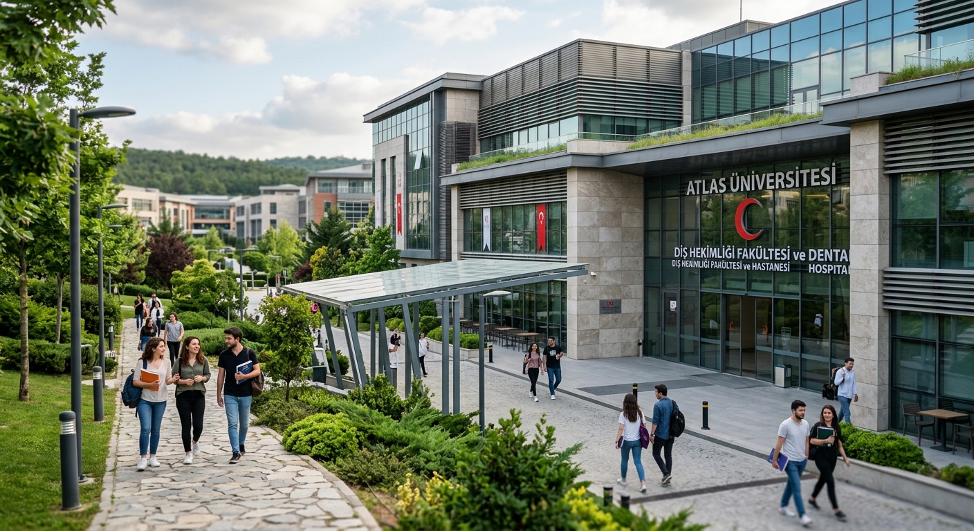 Modern Atlas University Vadi Campus in Istanbul with Faculty of Dentistry building, dental hospital entrance, contemporary architecture surrounded by green landscaping, students walking on campus pathways