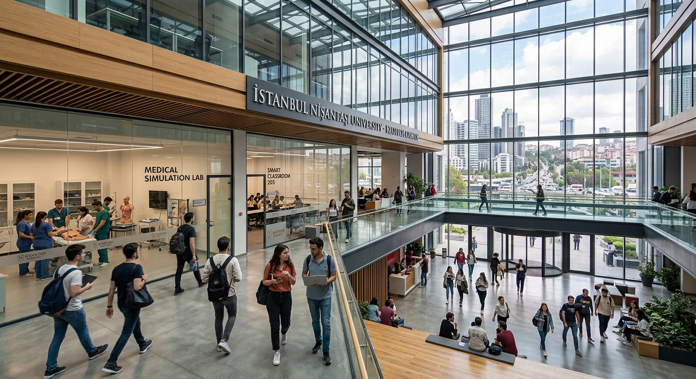 Modern NeoTech campus building of Istanbul Nisantasi University in Maslak district, students walking through a bright atrium with smart classrooms and medical simulation labs visible, Istanbul cityscape in the background
