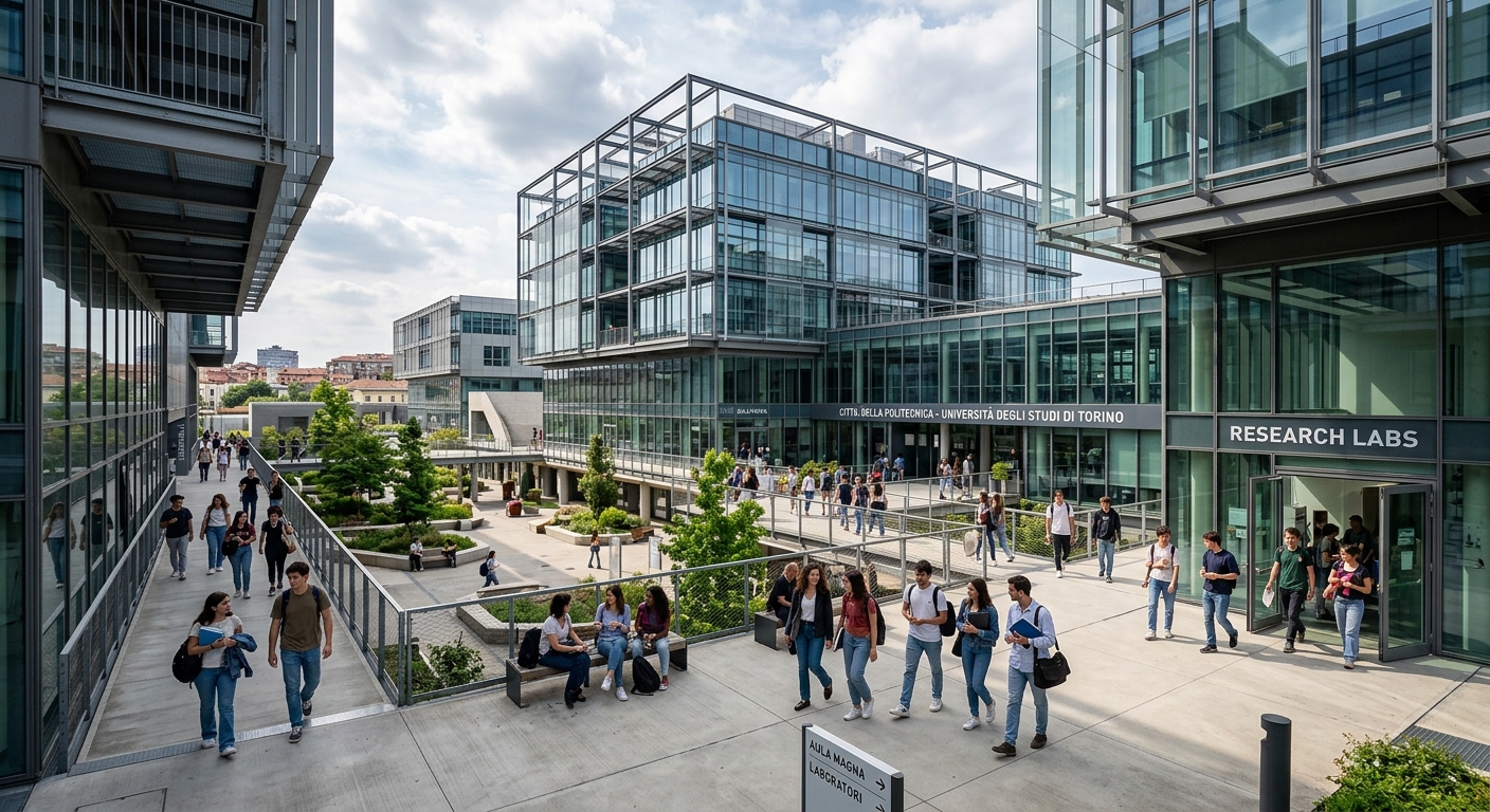 Modern Cittadella Politecnica complex in Turin, contemporary glass and steel buildings, open courtyards, students walking between research labs